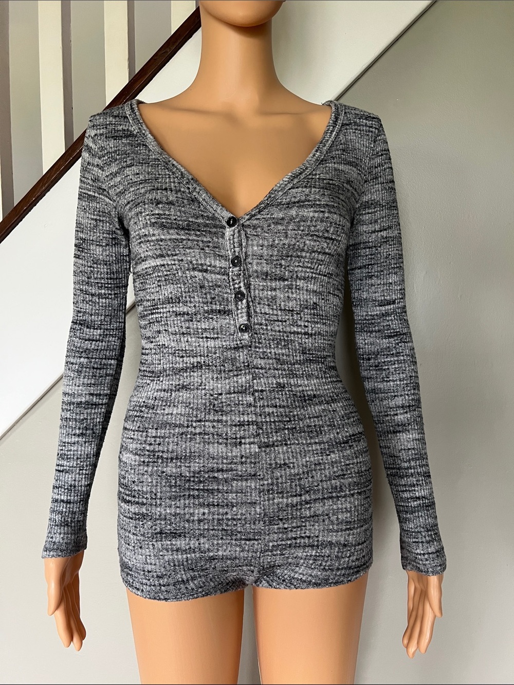 Gray Ribbed V-Neck Long Sleeve lounge wear